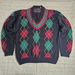 Vintage New River J Riggins Argyle V-Neck Sweater Navy Magenta Teal Large